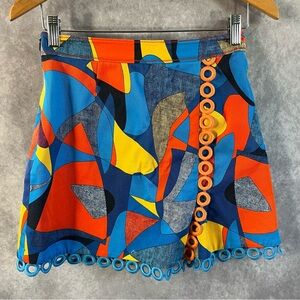 🔺SOLD🔺 Abstract Art Mini Skirt Women 2 Blue Orange Yellow Colorful Loop Fringe